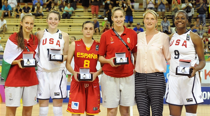 En esta foto, de FIBA, podemos ver a Ángela Salvadores, MVP del Mundial U17 Femenino 2014, junto al resto del Quinteto Ideal