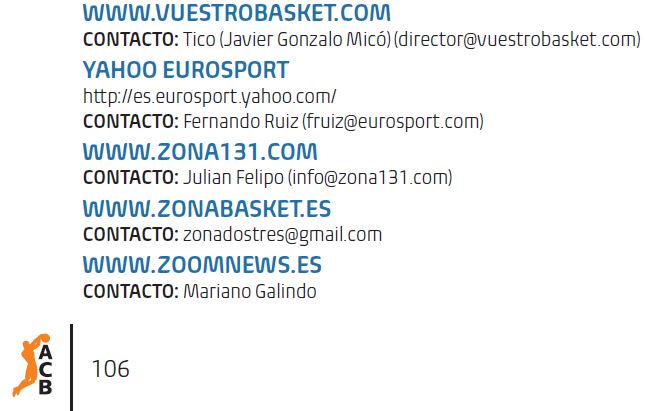 Recorte de la Página de la Guía de Medios 2014-2015 de la ACB en la que aparece vuestrobasket.com