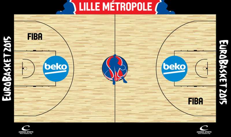 En esta imagen podemos ver cómo será el diseño de la pista de juego donde se disputará la Fase Final, la Fase de Eliminatorias, del EuroBasket 2015, en el Stade Pierre-Mauroy, en Villeneuve d'Ascq, a 6.3 Km. del centro de Lille, del 12 al 20 de septiembre de 2015, ante 27.000 espectadores