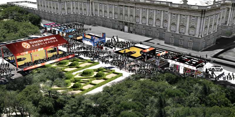 En esta imagen podemos ver el aspecto que tendrá la Fan Zone 2015 de la Euroliga, en la Plaza de Oriente de Madrid, frente a su Palacio Real, limitando con sus jardines
