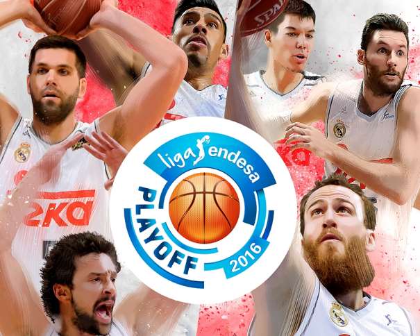 En esta imagen podemos ver a Sergio Llull, a Sergio Rodríguez ("Chacho"), a Felipe Reyes, a Rudy Fernández, a Gustavo Ayón y a Vily Hernangómez junto al Logo de los Playoffs de la Liga ACB 2015-2016