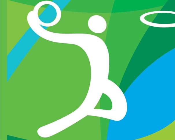 En esta imagen podemos ver el Pictograma de Baloncesto de los Juegos Olímpicos de Río 2016, representando a un Jugador, con el balón en su mano derecha, a puntito de hacer un mate, con la cabeza a la altura del aro