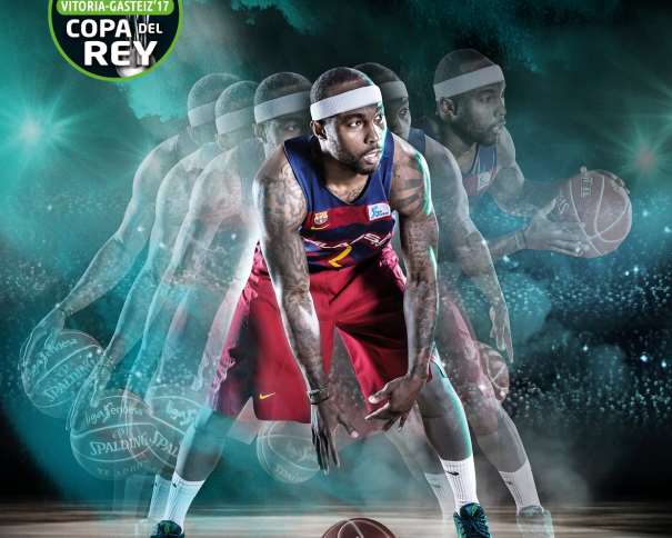 En esta imagen podemos ver al Base estadounidense Tyrese Rice, el Jugador elegido para la Imagen Gráfica del Barcelona en la Copa ACB 2017 de Vitoria-Gasteiz, en la secuencia de bote (manejo de balón)