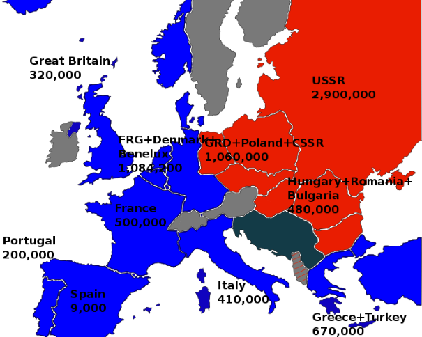 Miembros de la OTAN (azul) y del Pacto de Varsovia (rojo) en 1973. Los números representan las tropas de esas organizaciones en cada país De Kubek15 - Trabajo propio, Dominio público, https://commons.wikimedia.org/w/index.php?curid=10908632