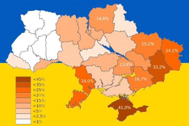 Imagen formada de la superposición de "Resultados de una encuesta de febrero de 2014 sobre una potencial incorporación de Ucrania a Rusia. Los distritos con más apoyo son Crimea (41 %), Donetsk (33 %), Lugansk y Odesa (24 %) De Amakuha - Trabajo propio, CC BY-SA 3.0, https://commons.wikimedia.org/w/index.php?curid=31450485 (es.wikipedia.org/wiki/Rep%C3%BAblica_Popular_de_Donetsk)" sobre "Bandera de Ucraina De Government of Ukraine - ДСТУ 4512:2006 — Державний прапор України. Загальні технічні умови, Dominio público, https://commons.wikimedia.org/w/index.php?curid=421234 (es.wikipedia.org/wiki/Ucrania)"